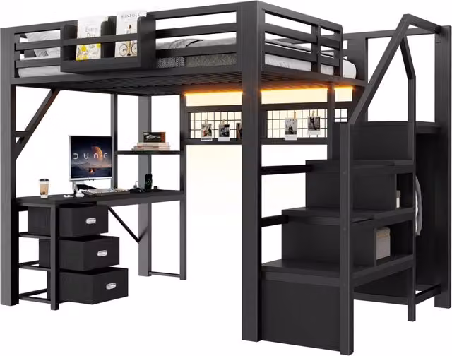Letto a soppalco in metallo 140x200 cm con scrivania armadio e cassetti Nero