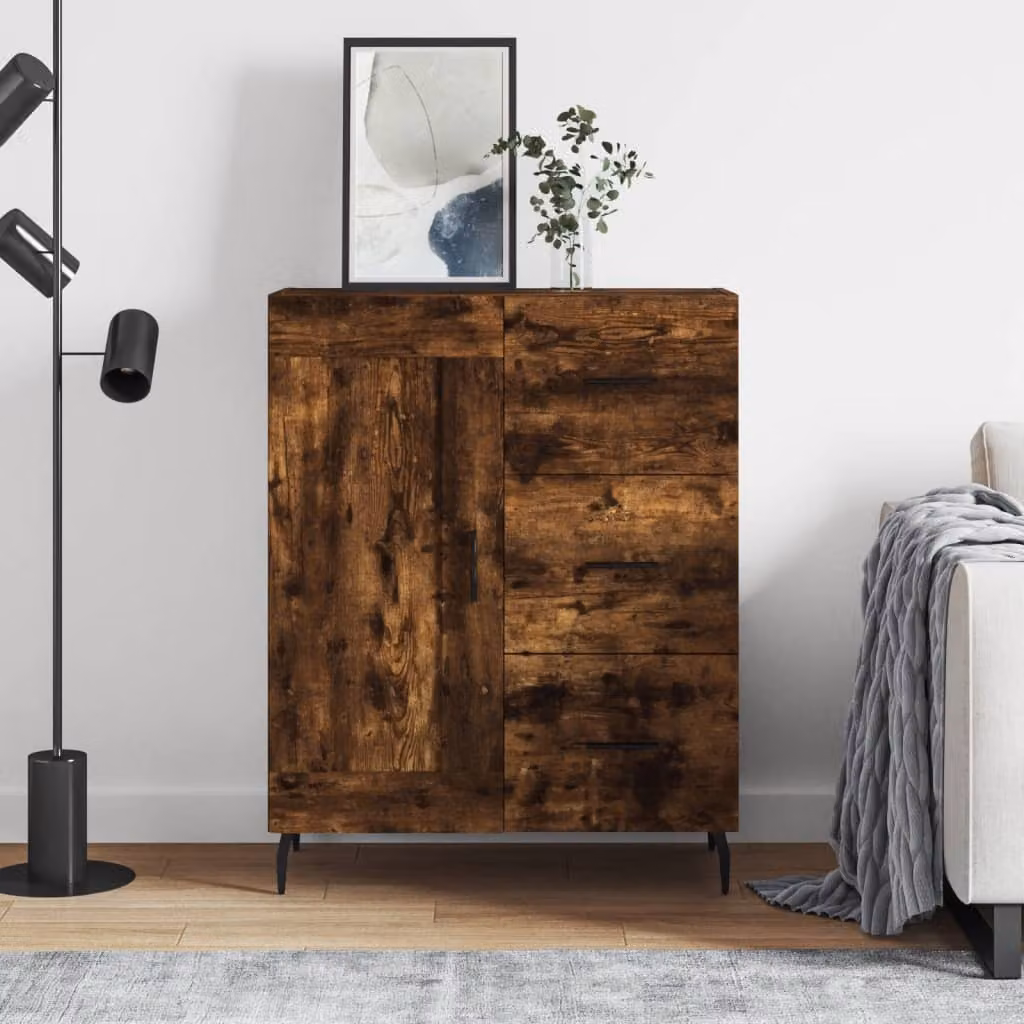 Credenza moderna vidaXL in legno multistrato e metallo, colore rovere fumo, L: 69,5 cm, P: 34 cm, H: 90 cm