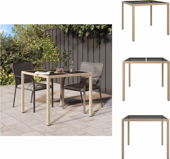 vidaXL Tavolo da giardino 90x90x75 cm Vetro temperato Poli rattan Beige - Tavoli da giardino