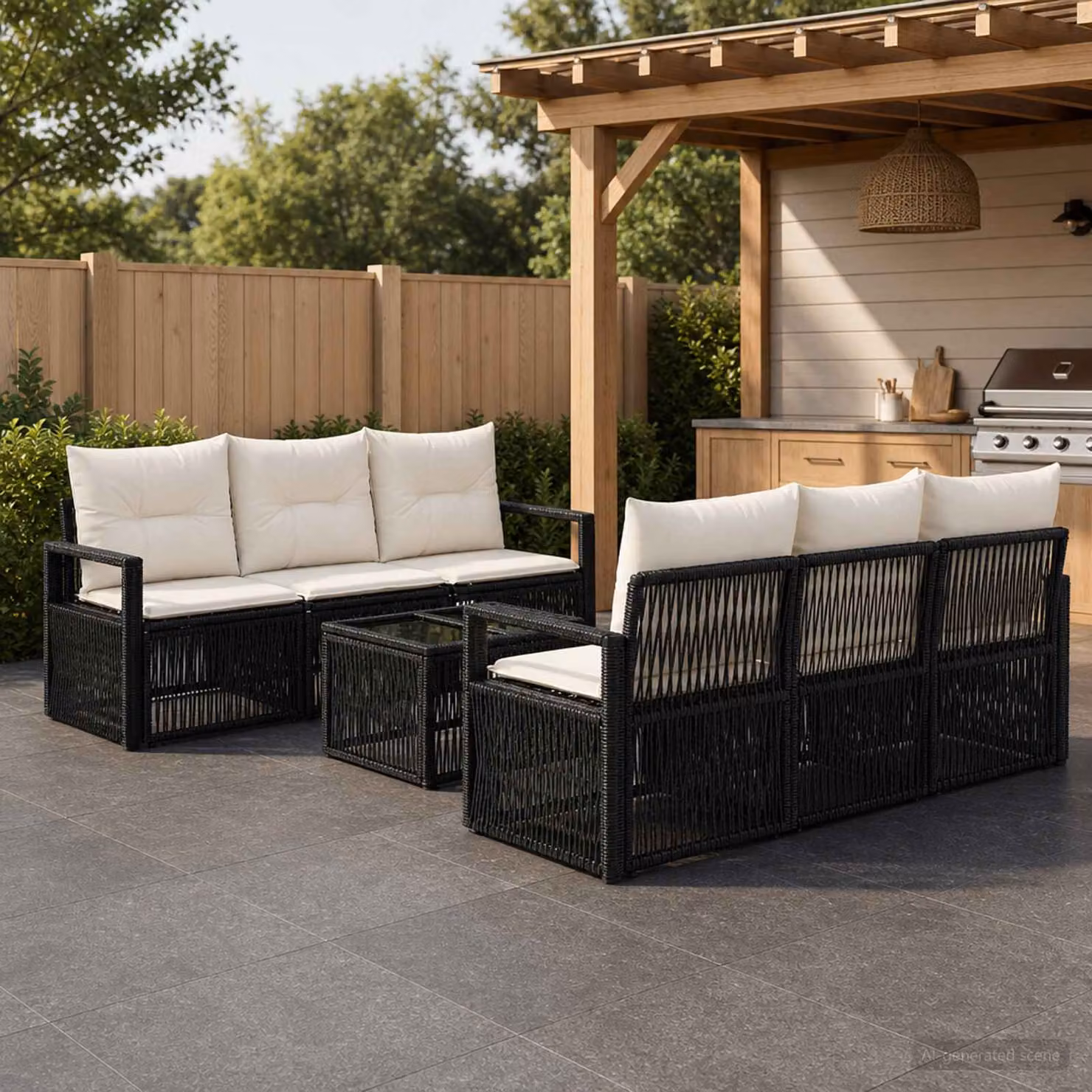 Set Divano da Giardino vidaXL 7 pz in Polyrattan Nero con Cuscini e Tavolino in Vetro