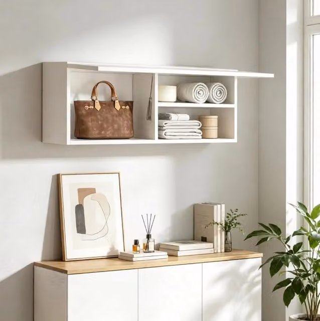 Mobile bagno da parete bianco con ante scorrevoli, 80x25x30 cm, struttura in truciolato, salvaspazio
