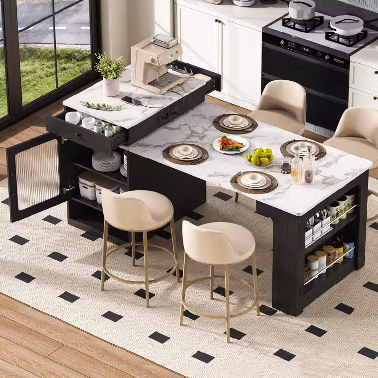 Isola da cucina Sweiko con rotelle, tavolo da pranzo allungabile con piano estraibile, tavolo da bar con prese di corrente, serve come isola da cucina, credenza, madia o tavolo da bar per cucina e sala da pranzo (nero)