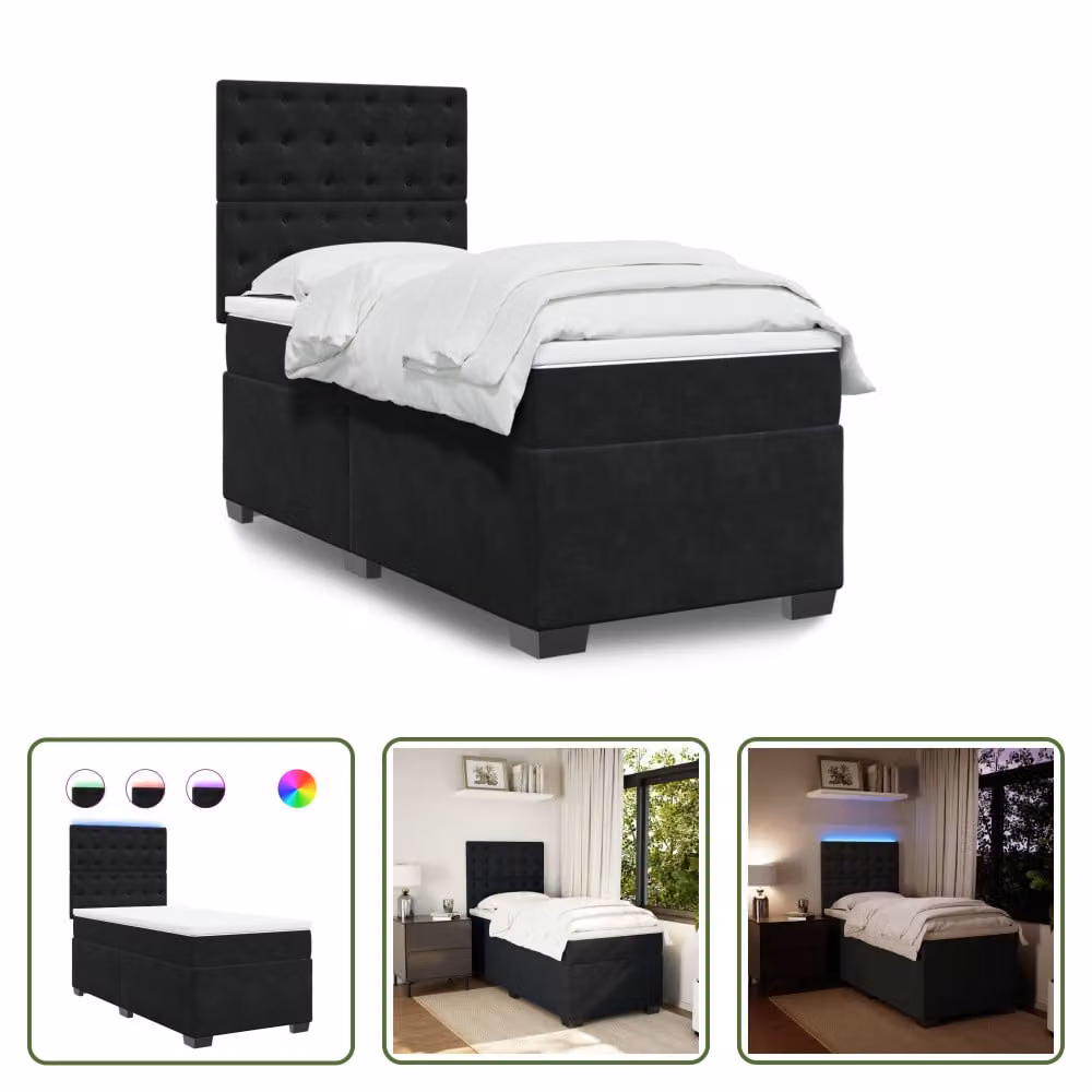 The Living Store Letto a molle con materasso nero 80x200 cm in velluto