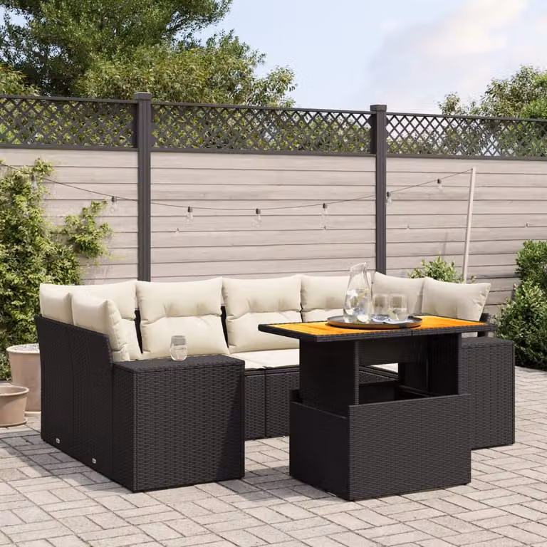 Set di Divani da Giardino a L vidaXL in Polyrattan Nero con 7 Cuscini e Tavolino da Esterno