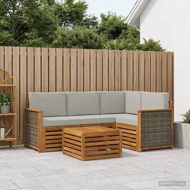 Set di divani da esterno a L con tavolino vidaXL in legno di acacia marrone e grigio – 1