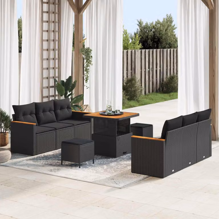 Set Divano da Giardino vidaXL 11 Pezzi Nero con Cuscini e Tavolino da Esterno in Polyrattan e Acciaio