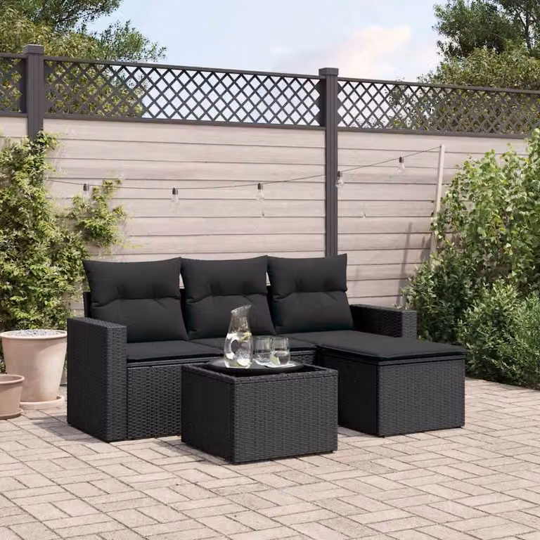 vidaXL Set Divani da Giardino 5 pz in Polyrattan Nero con Cuscini e Tavolino da Esterno