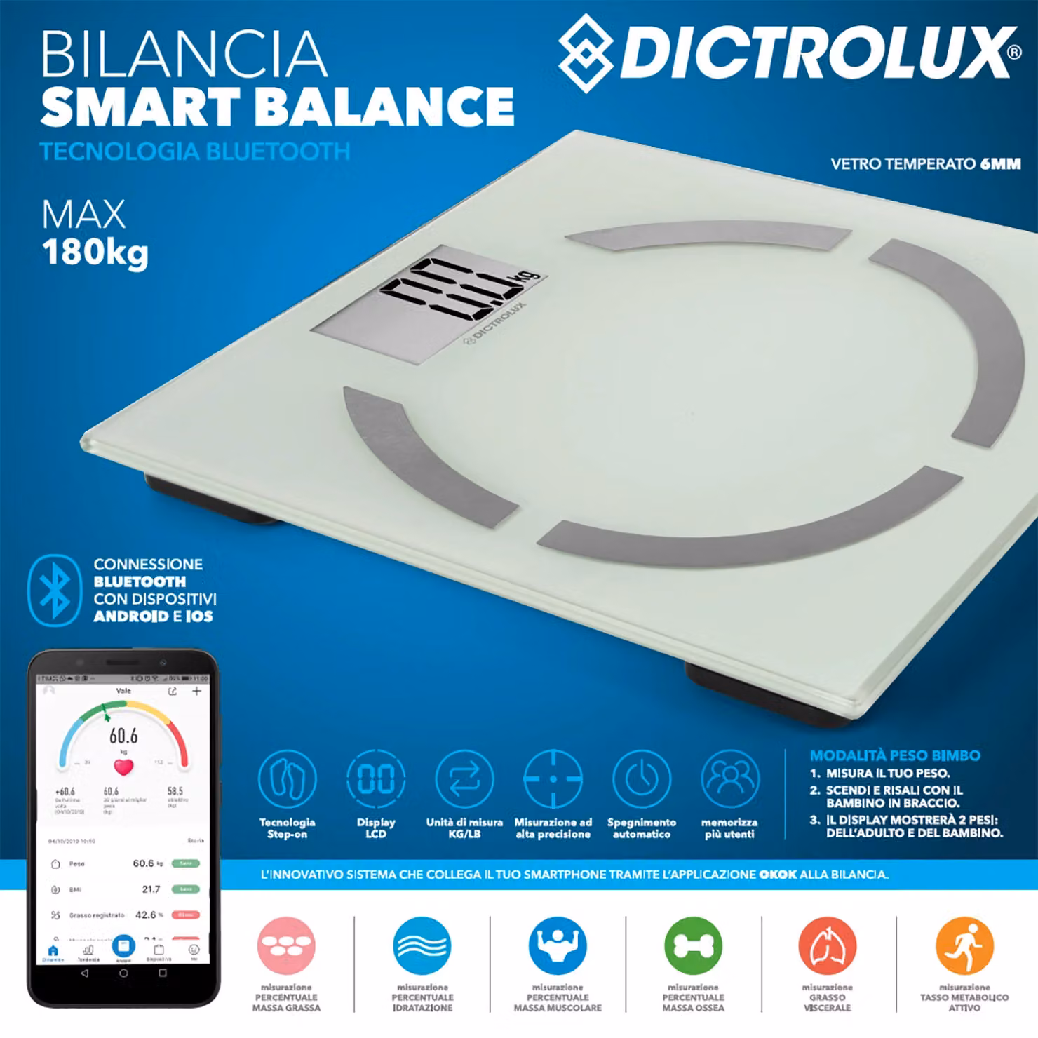 Dictrolux Bilancia Smart Balance Bianca con Tecnologia Bluetooth e Display Digitale per il Monitoraggio della Composizione Corporea – 2