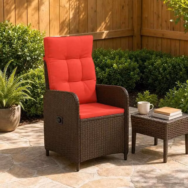 Sedia da giardino reclinabile vidaXL in rattan e metallo, Marrone e Rosso – 1