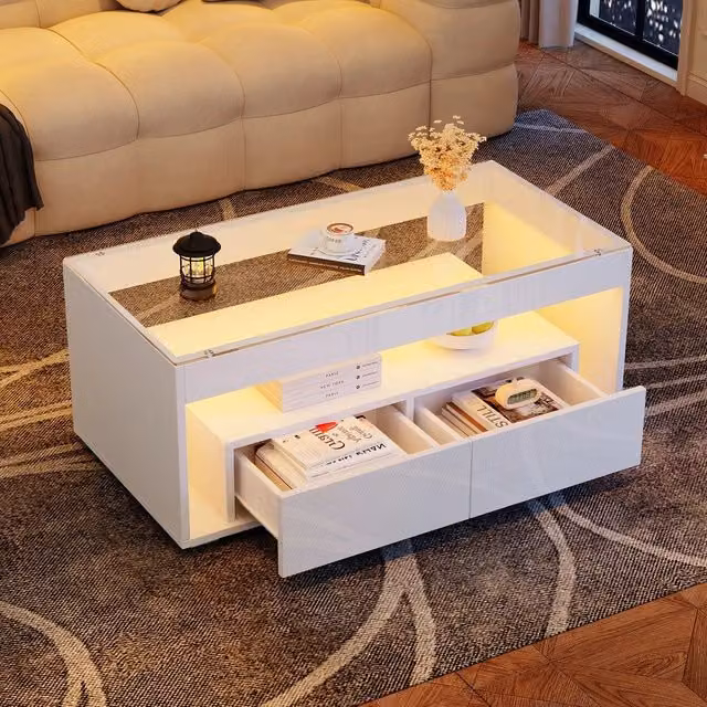 Tavolino da caffè MINIMAL con LED e cassetti in vetro bianco lucido L/P/H: 100 x 50 x 40 cm – 1