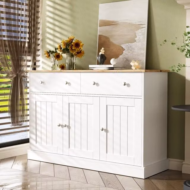 Sideboard moderno Zephmum per soggiorno in bianco e marrone con finitura opaca L/P/H: 160 x 40 x 80,5 cm