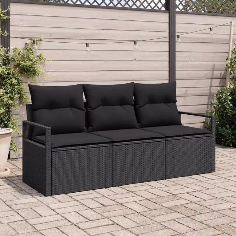 Set di divani da esterno vidaXL in rattan nero con cuscini inclusi e struttura in acciaio verniciato a polvere