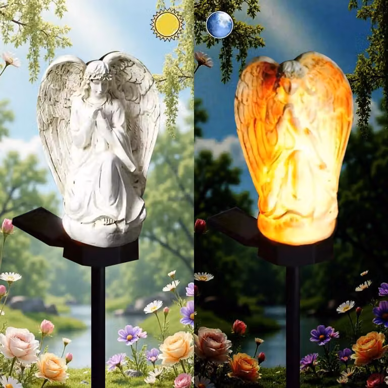 Lampada da giardino solare a forma di angelo, realizzata in resina, con LED, dimensioni 43x9x13 cm, colore bianco, impermeabile