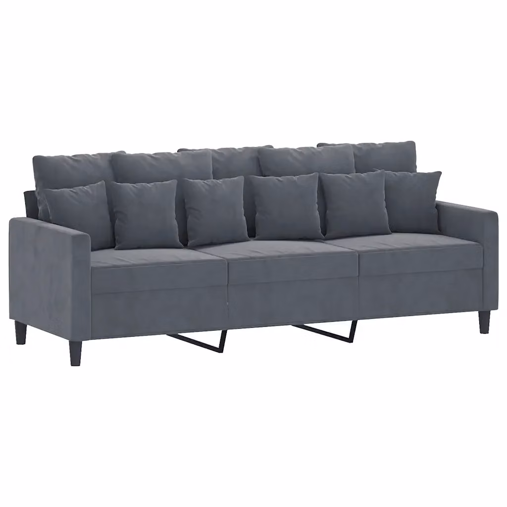 Divano Moderno a 3 Posti vidaXL in Velluto Grigio con Struttura in Metallo e Cuscini Inclusi L: 198 cm, P: 80 cm, H: 77 cm – 2