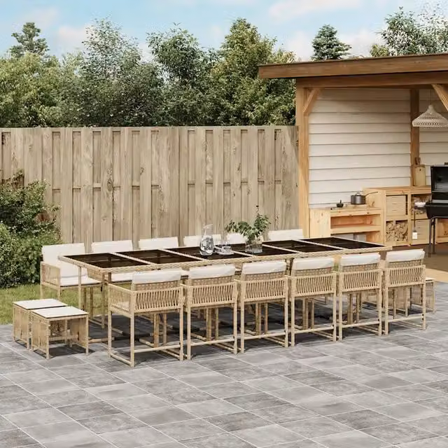 Set da pranzo da giardino vidaXL in polyrattan da 17 pezzi con cuscini beige e piano in vetro – 1