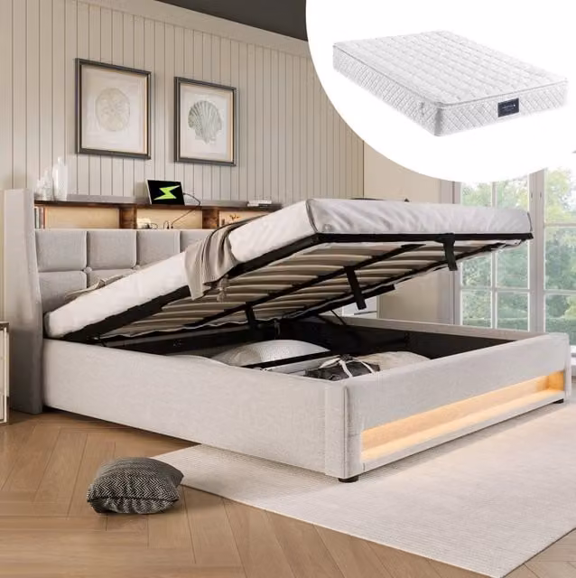 Letto matrimoniale MODFU imbottito beige con contenitore, illuminazione LED, porta USB e mensola integrata, L/P: 160 x 200 cm