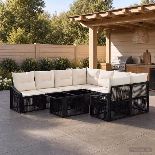 Set Divano da Giardino 9 pz Nero e Bianco Crema polyrattan 3437221