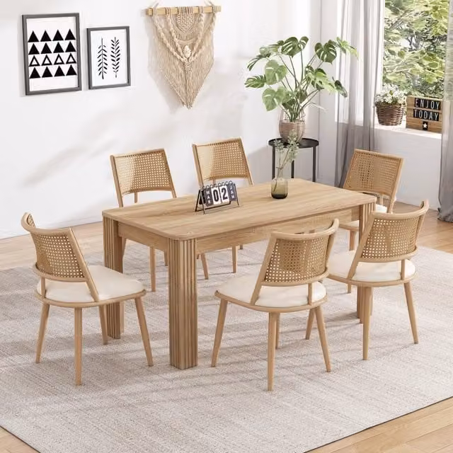 Chaise da sala da pranzo in rattan con seduta in PU e schienale traspirante, beige, set da 6