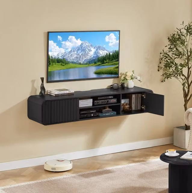Mobile TV sospeso 160 cm nero con vani aperti e passacavi
