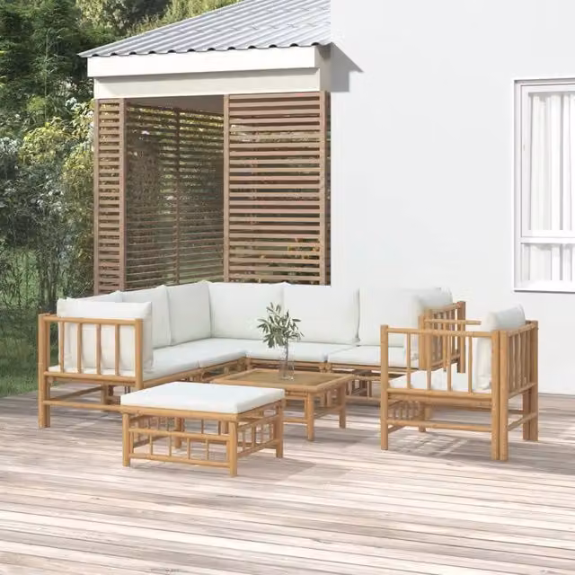 Set Salotto da Giardino Moderno vidaXL in Bambù con 8 Pezzi e Cuscini Bianco e Beige – 1