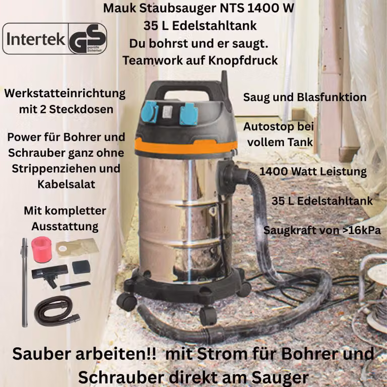 Mauk hoover 1400W Aspirapolvere a secco umido 35L - Due prese, accensione automatica