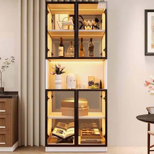 Vetrina con LED e ante in vetro grigio, schienale a specchio e ripiani per soggiorno, MDF bianco, 70 × 30 × 170 cm