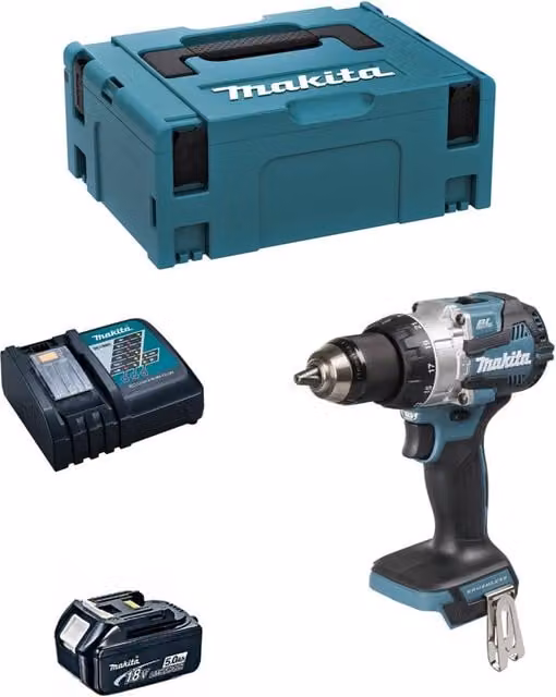 Trapano a percussione Makita DHP489RTJ1 con batteria da 5,0 Ah, caricabatterie DC18RC e sistema di contenimento MAKPAC 2 – 1