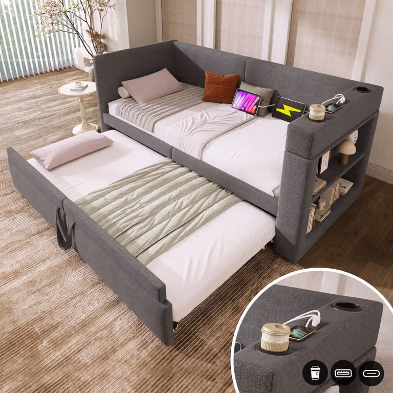 Letto imbottito Flieks 90x200cm con funzione cassetto e portabicchieri, divano letto da giorno con letto estraibile e contenitore, letto da giorno per ragazzi in cotone, grigio
