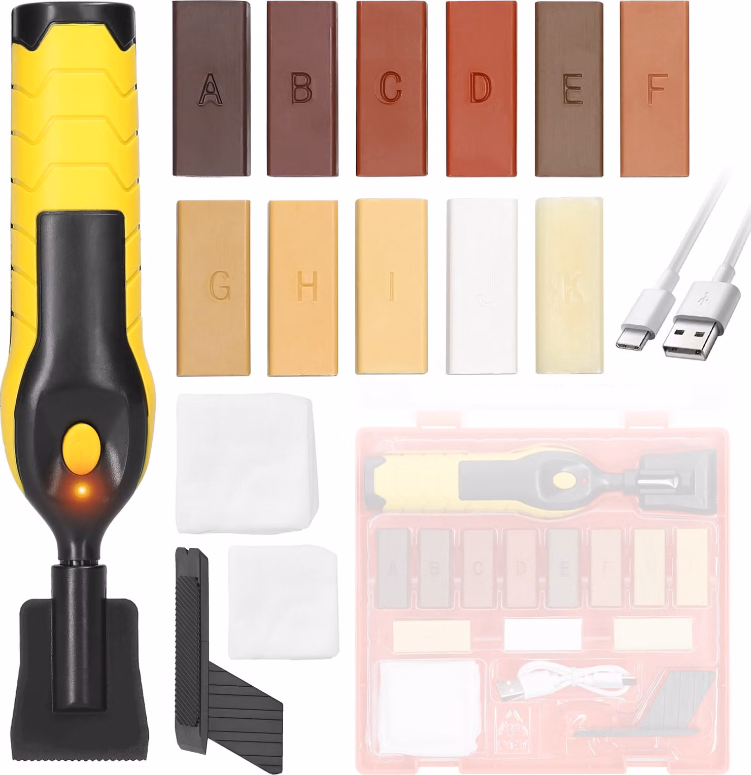 Kit di riparazione per pavimenti in legno – Kit di ritocco per mobili e pavimenti in laminato per graffi, crepe e fori di chiodi con set di attrezzi per la cera fusa