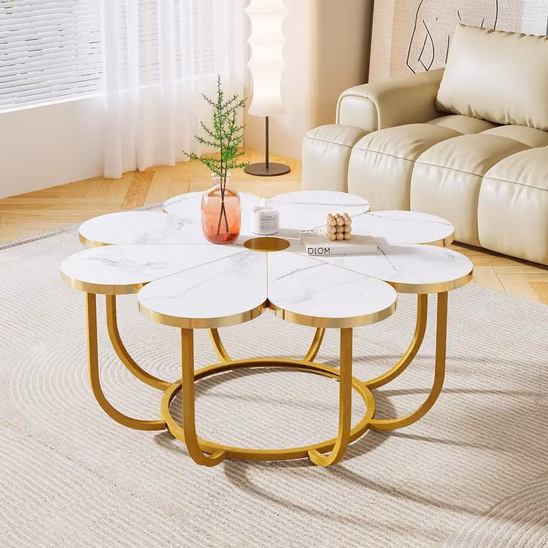 Tavolino da caffè, tavolino ausiliario, forma a fiore, bianco, oro, resina sintetica, metallo, 100 cm