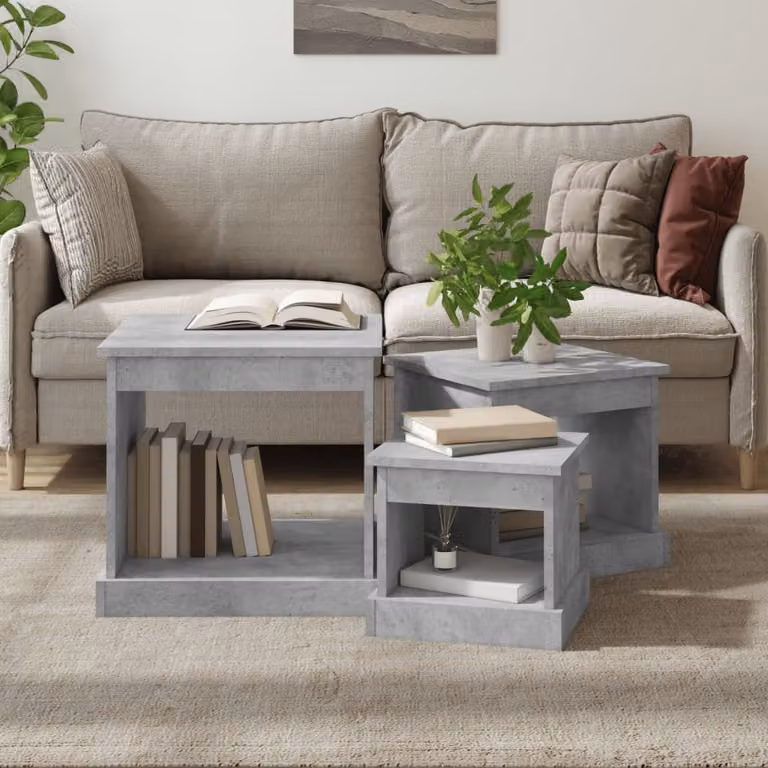 Set di 3 tavolini da salotto vidaXL in legno multistrato e composito, colore grigio cemento