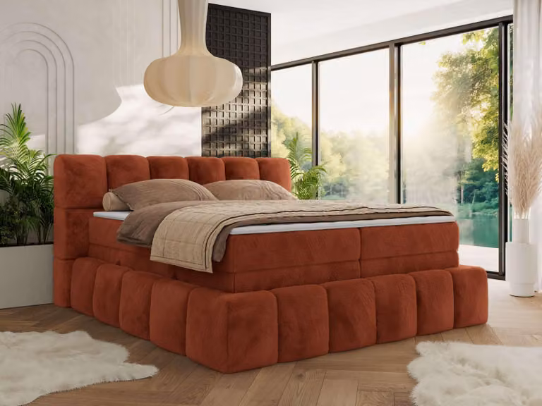 MKS MEBLE letto a molle insacchettate 160 x 200 con contenitore NIRA KING, letto imbottito a 7 zone con materasso multitasche e topper, letto matrimoniale - peluche arancione - H4