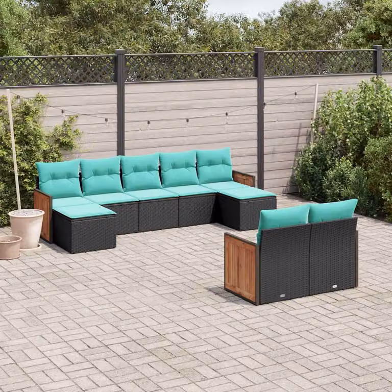 Set di divani da giardino vidaXL in polyrattan nero con cuscini, componibile a forma di U per esterno