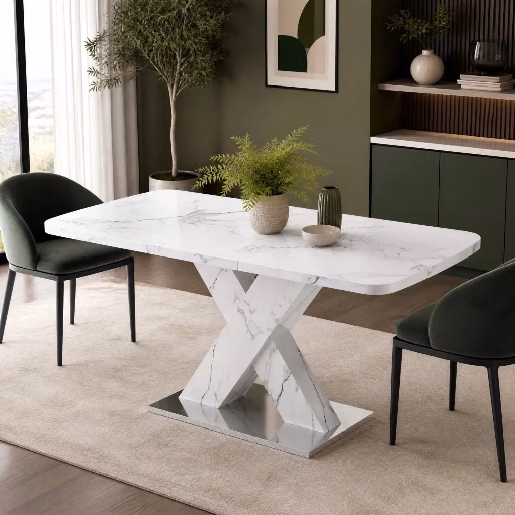 Tavolo da pranzo rettangolare allungabile REDOM bianco con effetto marmo moderno L/P/H: 120-160 x 80 x 76,5 cm – 2