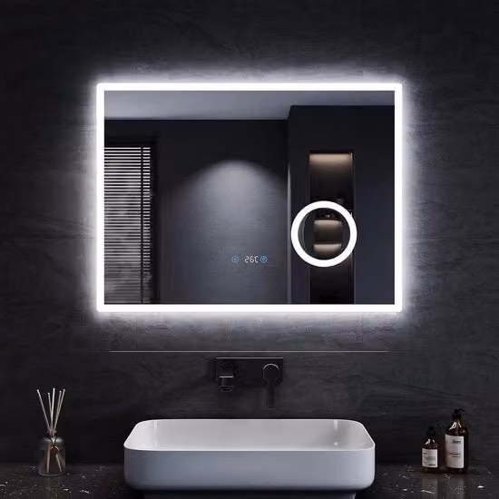 Specchio Bagno con Illuminazione e Funzione Anticondensazione – 80 x 60 cm, Colori di Luce Regolabili, Interruttore a Tocco, Orologio e Temperatura