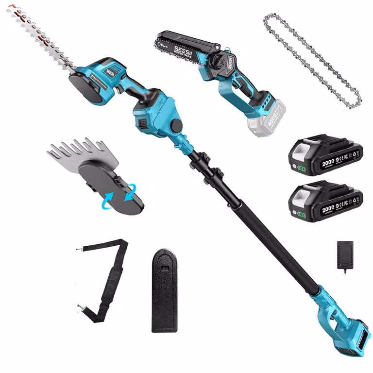 Potatore a batteria multifunzione 6-in-1 - Albero telescopico da 2,4 metri - Motore brushless - Motosega - Potatore a mano - Attrezzo per erbacce - 2 batterie da 2,0 Ah