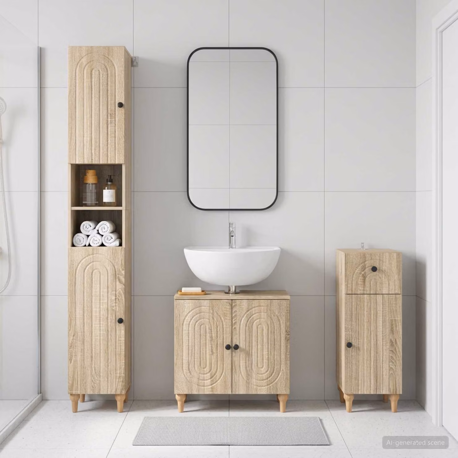 Set di armadietti da bagno moderni vidaXL ALKMAAR in 3 pezzi, colore marrone Rovere Sonoma, con ante a battente e ripiani interni