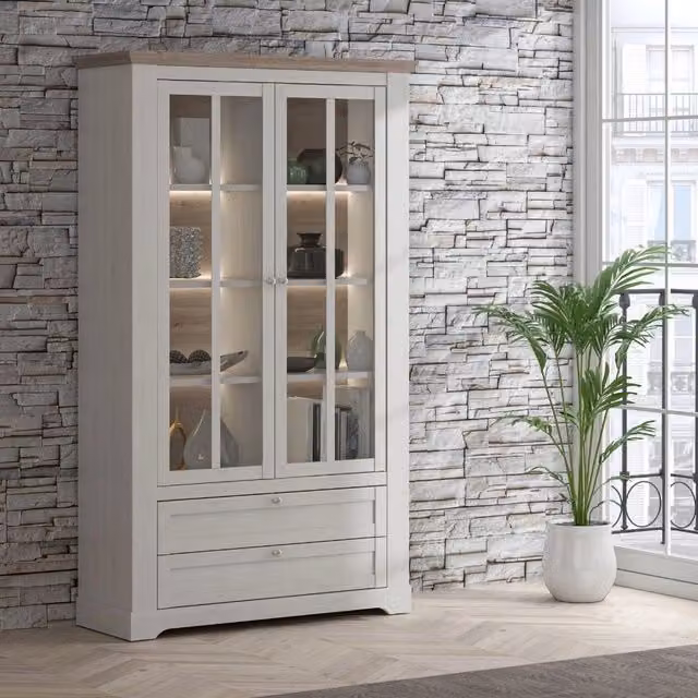 Vetrina Moderna TEZETA con Ante in Vetro, Luci LED Integrate e 2 Cassetti, Colore Bianco e Rovere, L/P/H: 126 x 44,3 x 209,8 cm – 1