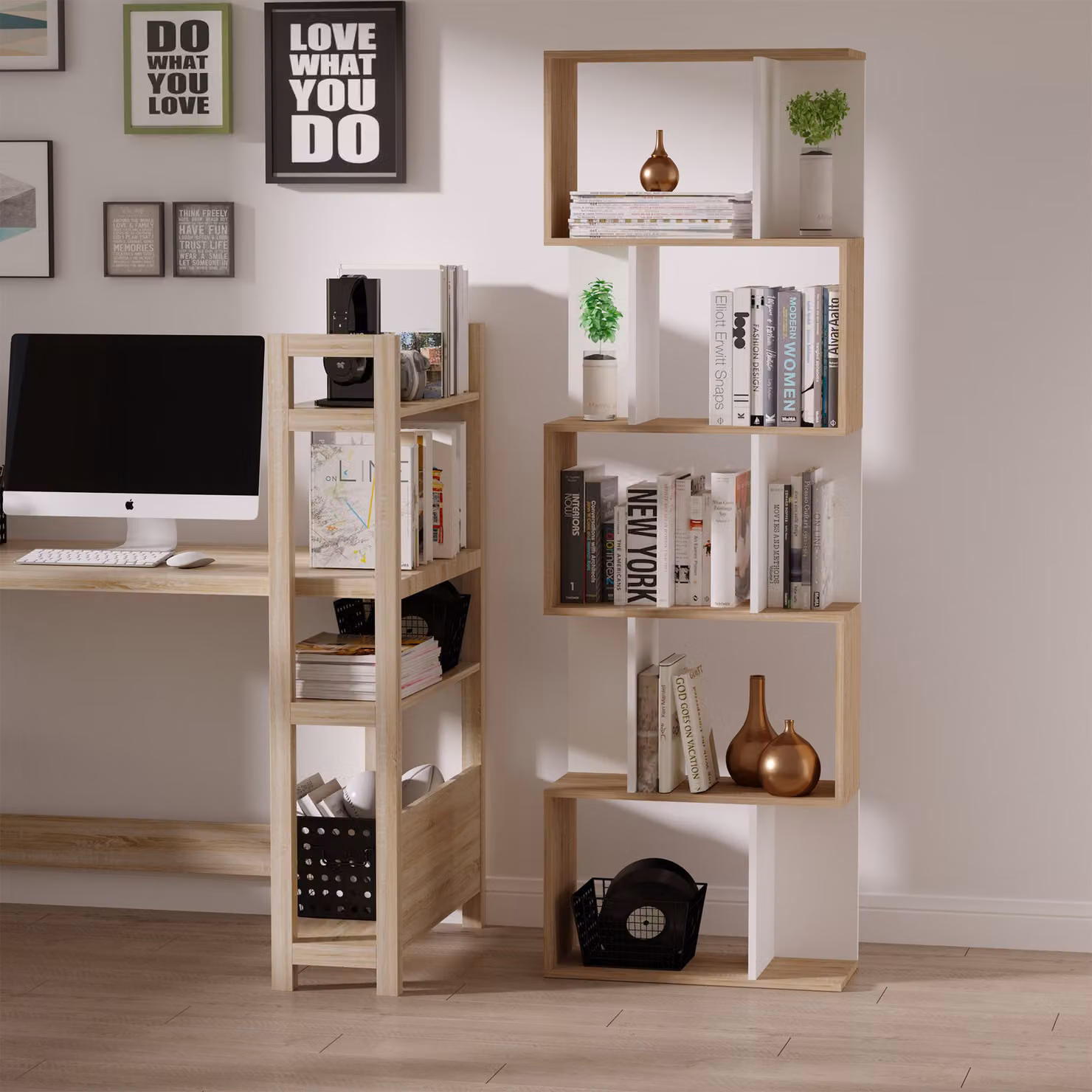 Libreria moderna Aosom in legno bianco e legno naturale, scaffale a ripiani per soggiorno, L 60 cm x P 24 cm x H 184.5 cm – 2