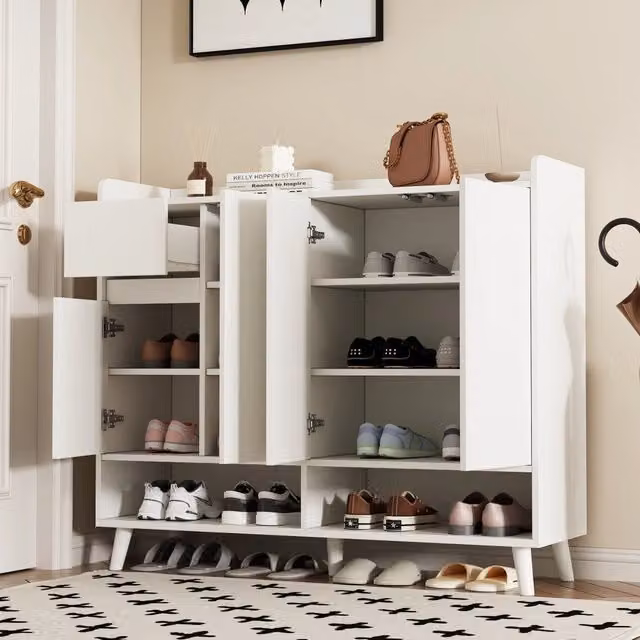 Credenza moderna WISHDOR bianca con 4 ante e 1 cassetto soft close, L/P/H: 120 x 35 x 99 cm