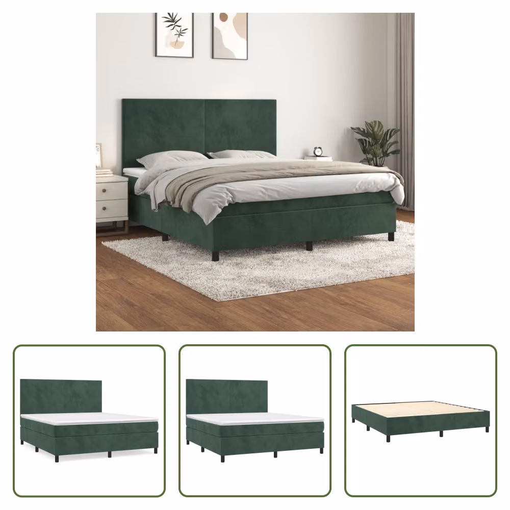 The Living Store Letto a molle con materasso verde scuro 160x200 cm in velluto