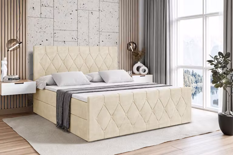 Letto boxspring ALTDECOR con materasso e rete a doghe - - VELANTO - 160x200 cm - Beige Monolith - Letto boxspring, pediera, topper, letto imbottito con contenitore, letto con contenitore H4 - Materasso, letto matrimoniale, letto boxspring
