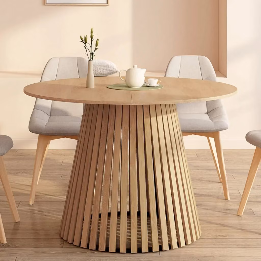 Tavolo da pranzo rotondo IDMarket CARMEN per 6 persone con piano in legno marrone e gambe a doghe, Diametro: 110 cm, Altezza: 75 cm – 2