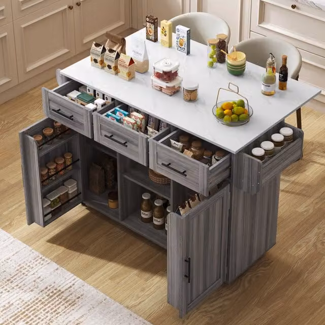 Carrello da cucina con piano pieghevole 139 x 46 x 91,5 cm, MDF grigio, piano effetto marmo bianco, 3 cassetti
