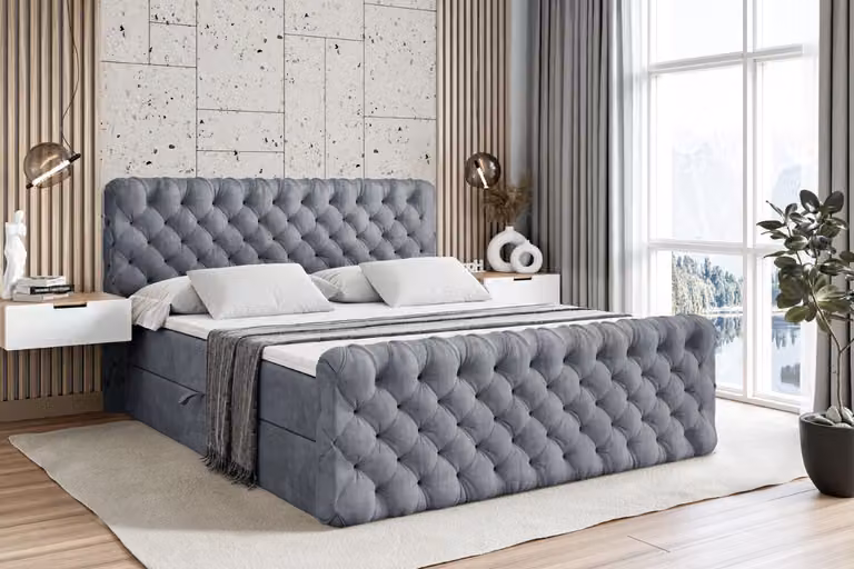 Letto boxspring ALTDECOR con pediera, materasso H3 e topper - 140x200 cm - BOXI8-Z - Grigio velluto - Letto imbottito con contenitore e rete a doghe, letto con spazio contenitivo