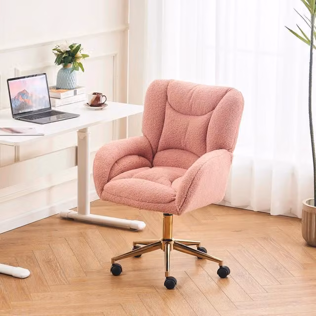 Sedia da ufficio girevole FOLYNA in tessuto bouclé rosa con base dorata, L: 64 cm, P: 62 cm, H: 92.5 cm