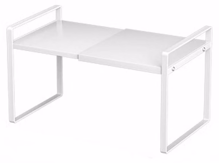 Organizzatore per scaffali di armadio, espandibile, regolabile, impilabile, in metallo, bianco, dimensioni 25-45 x 27 x 25 cm