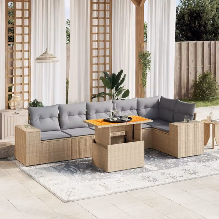 vidaXL Set Divani da Giardino 7 pz a Forma a L con Cuscini Beige e Grigio in Polyrattan e Legno di Acacia