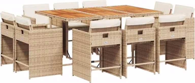 Set da Pranzo da Giardino 11 pz con Cuscini Beige in Polyrattan