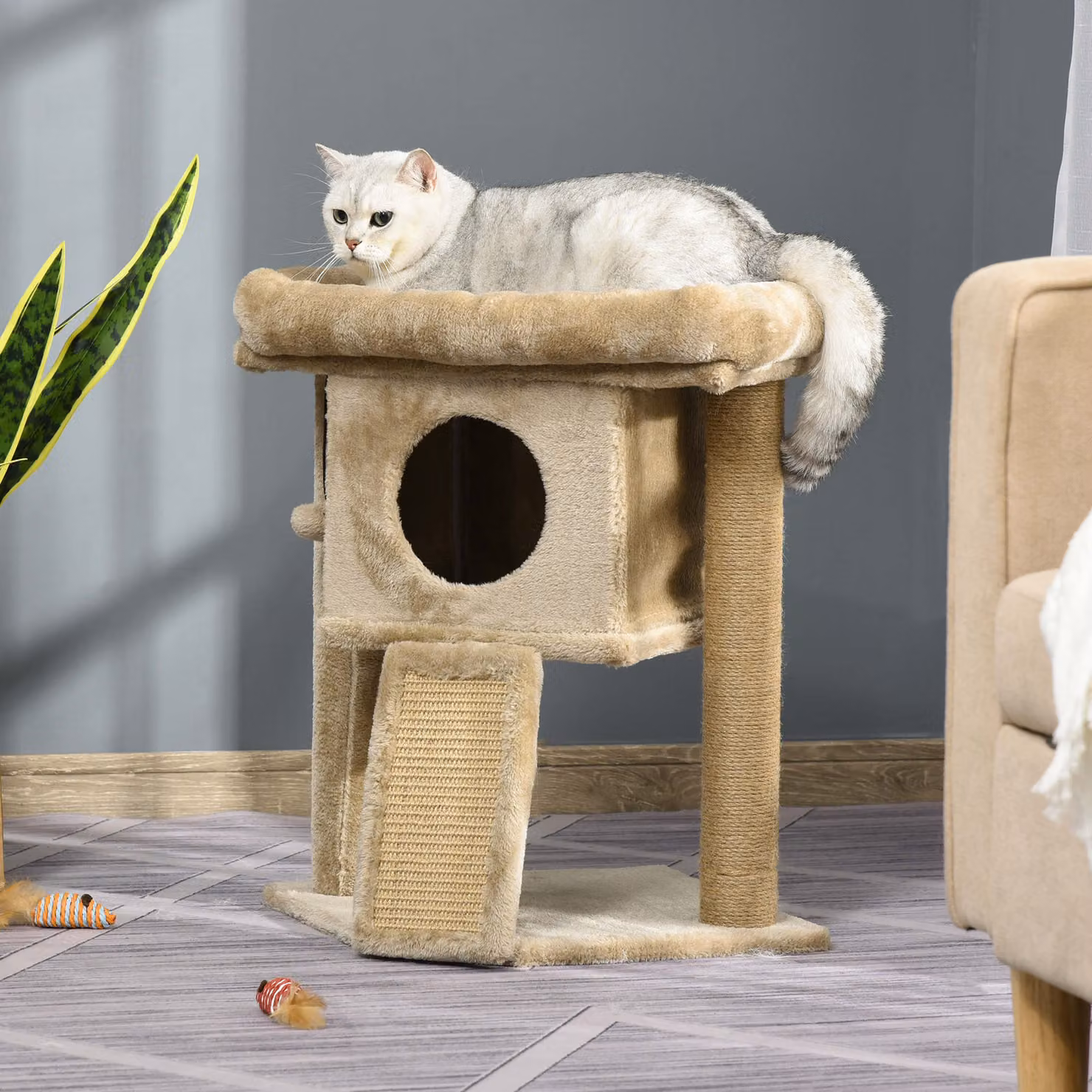 Albero per Gatti PawHut in Peluche Marrone e Beige con Casetta, Tiragraffi in Juta e Giocattoli Integrati – 2